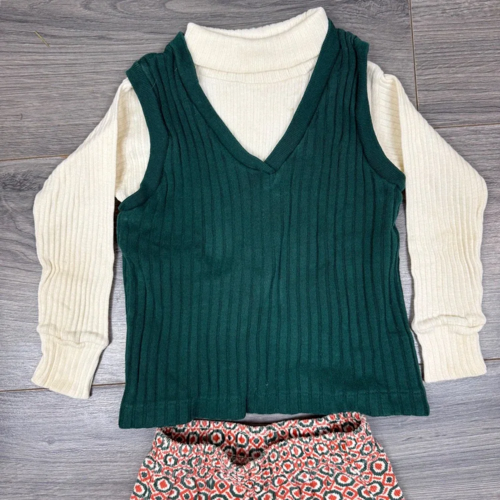 Vintage Buster Brown Toddler 3pc Outfit Geometric Pants Turtleneck Vest 3T‎